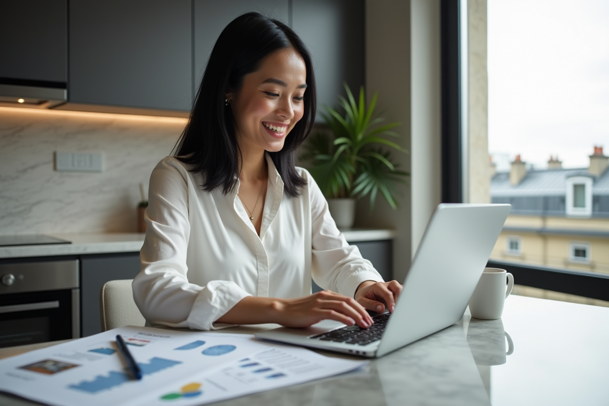 Femme souriante travaillant sur un laptop avec brochures immobilières