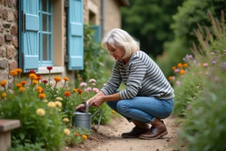 Femme en jeans et pull à rayures dans un jardin de village
