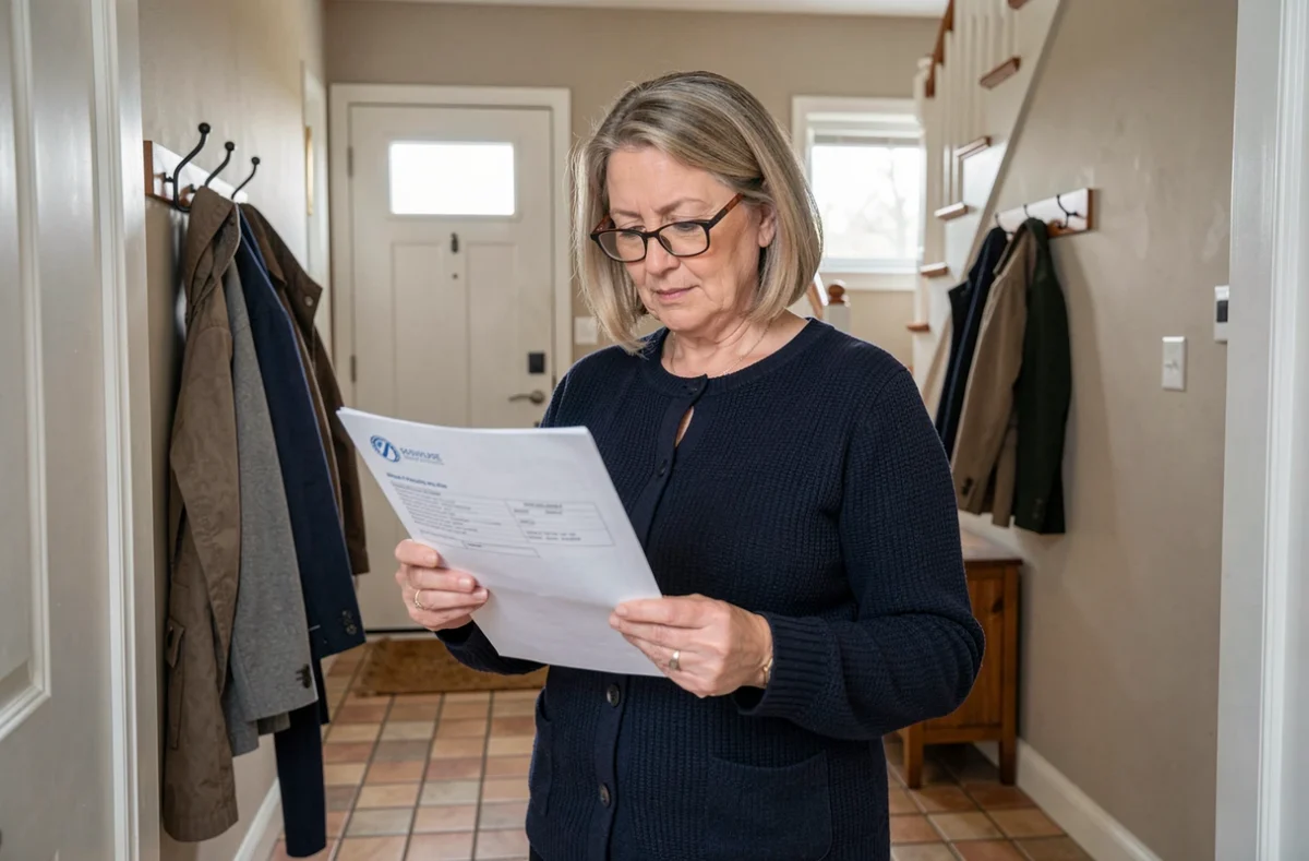 Femme mature lisant attentivement un contrat d'assurance habitation dans le couloir de sa maison