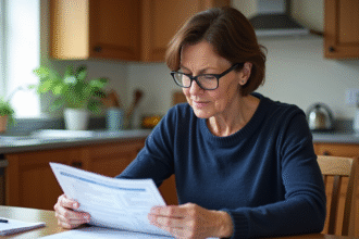 Femme d'âge moyen lisant un document immobilier à la maison
