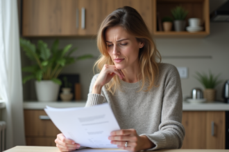 Femme en intérieur examinant des documents de prêt immobilier