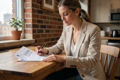 Femme locataire examinant son contrat d'assurance habitation dans un appartement moderne