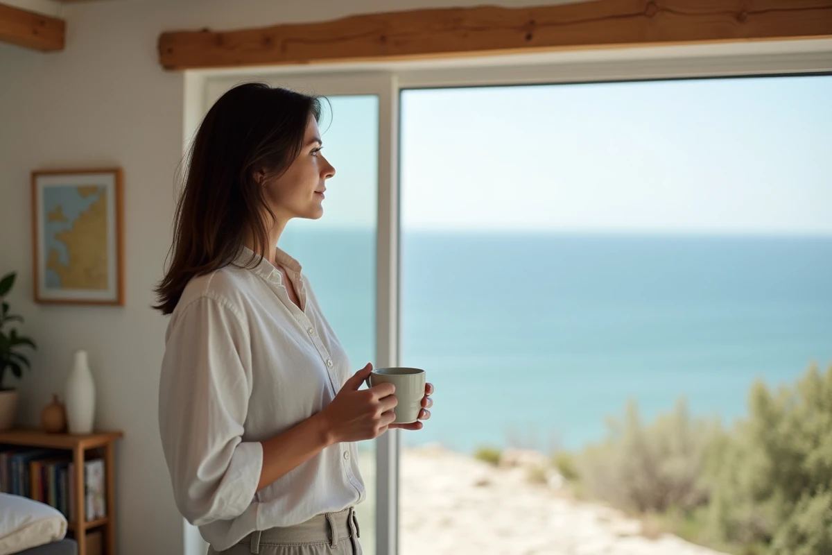 Femme contemplant la mer depuis une fenêtre panoramique dans une maison côtière en France