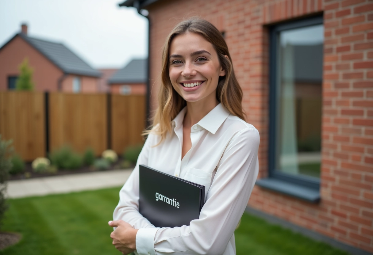 Jeune femme souriante devant une maison neuve avec dossier garantie