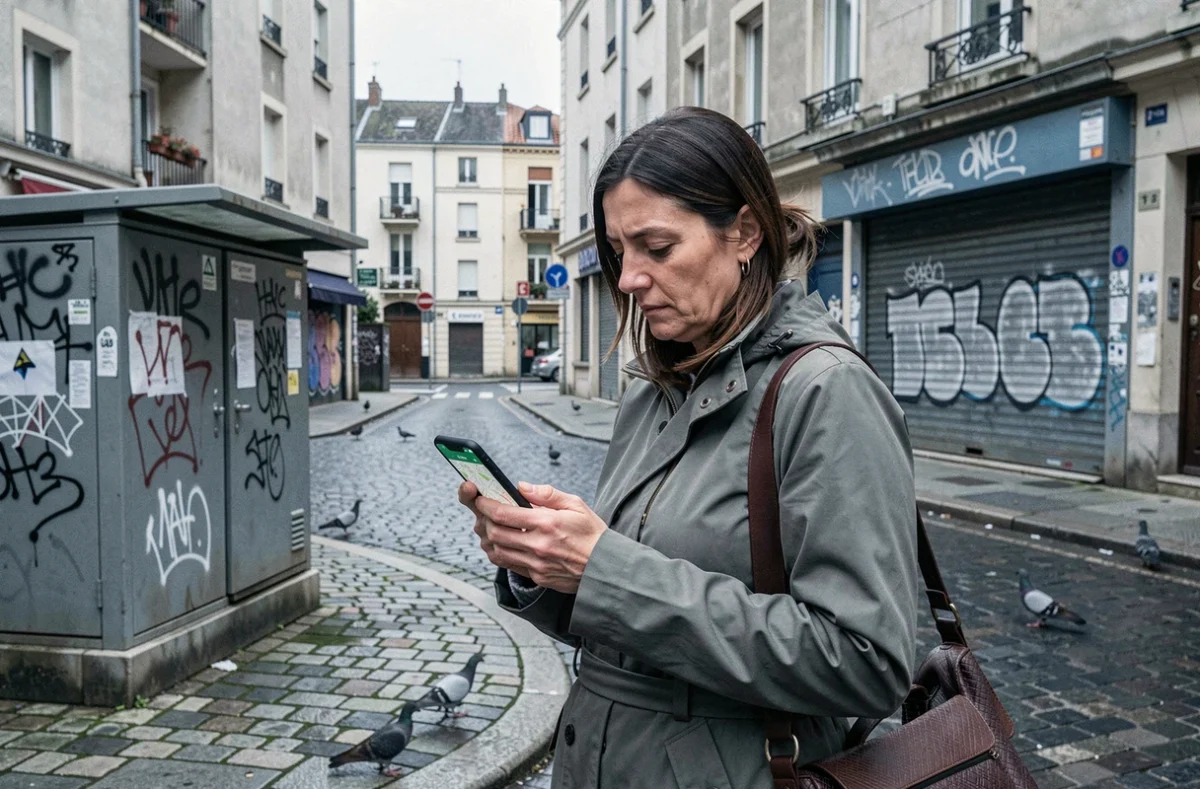 Femme consultant son téléphone à un carrefour d'un quartier résidentiel d'Alès
