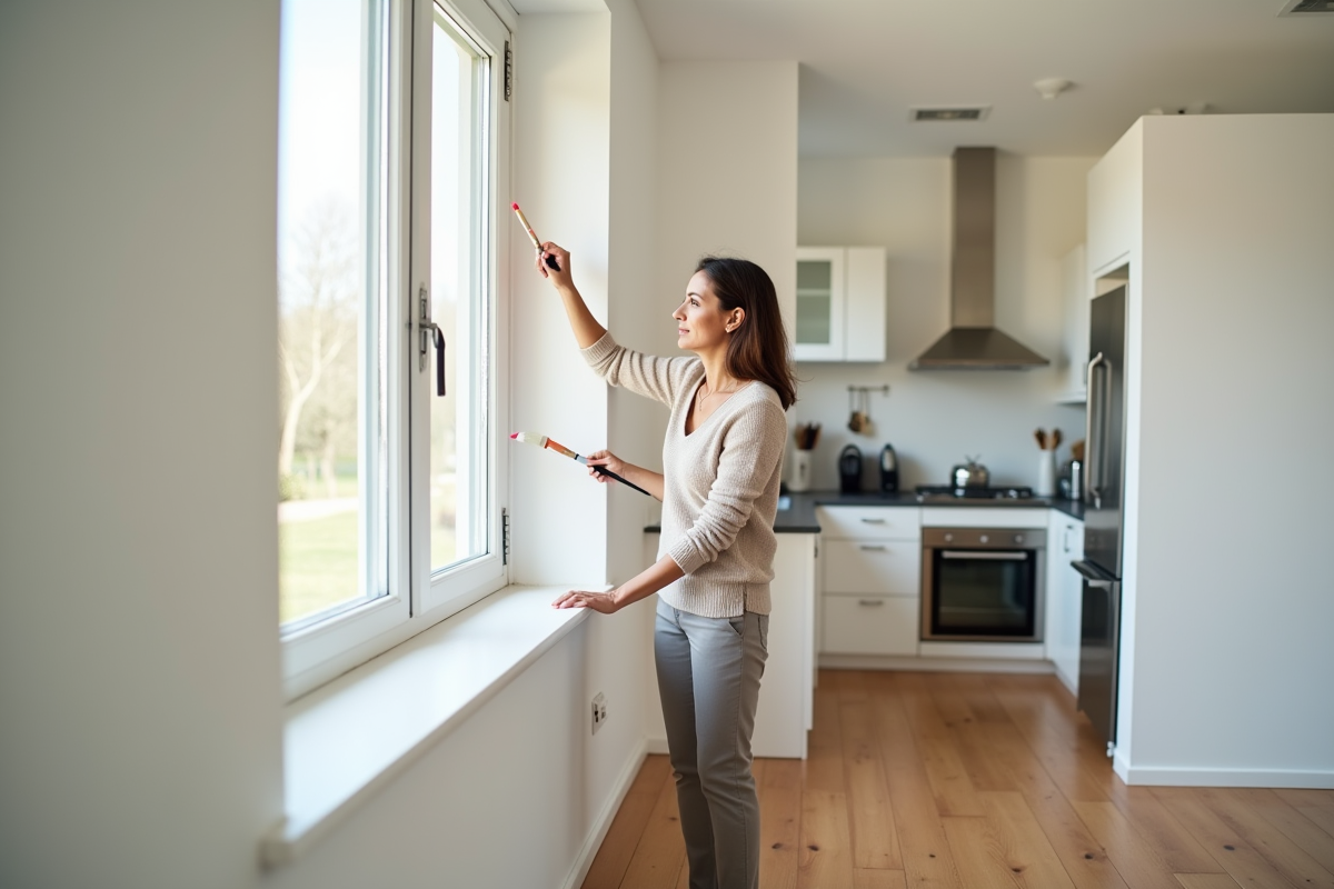 Femme peignant un cadre de fenêtre dans un salon rénové