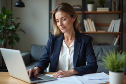 Femme professionnelle en train de revoir ses formulaires d'impots