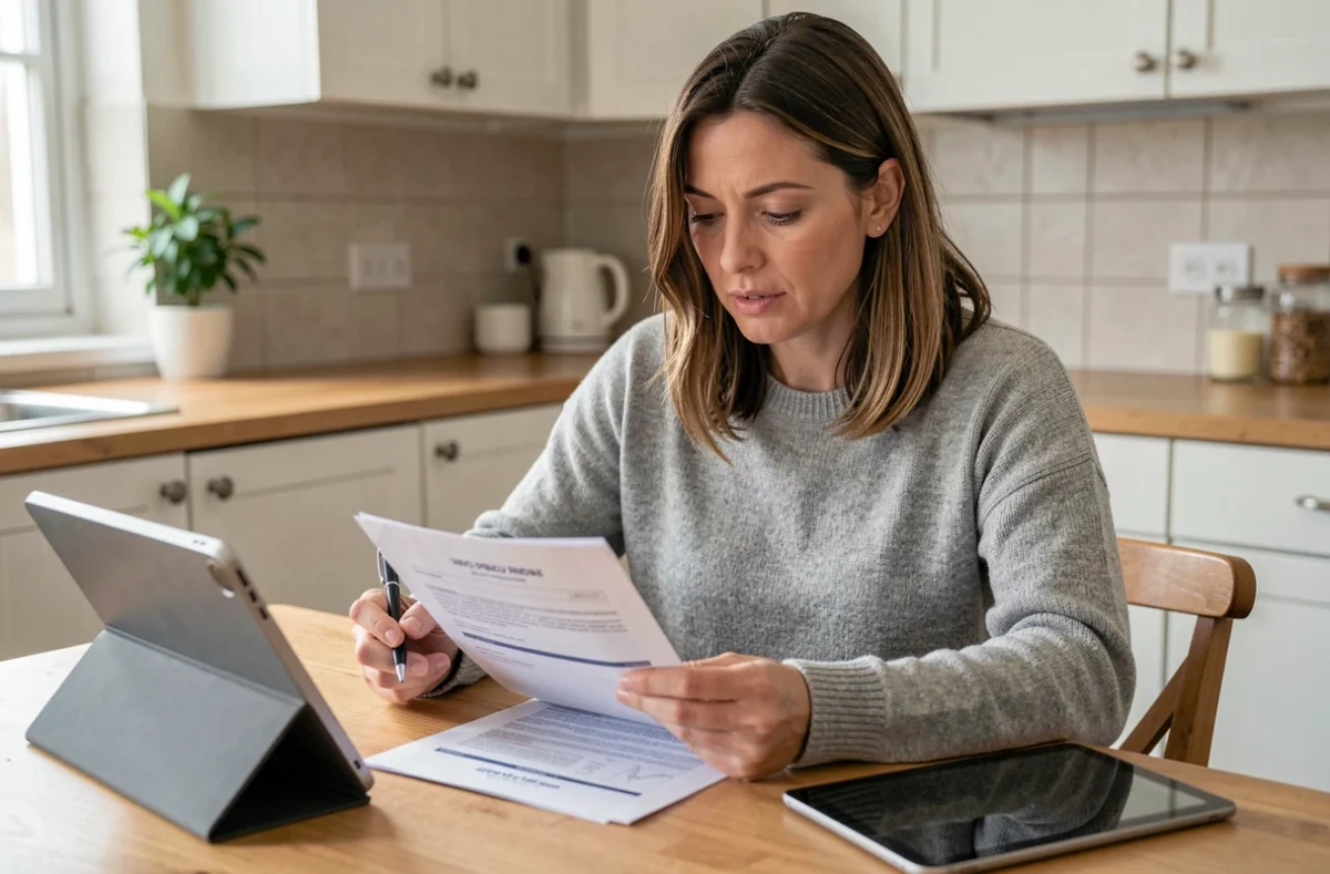 Femme propriétaire examinant des documents de devis assurance habitation à la table de cuisine