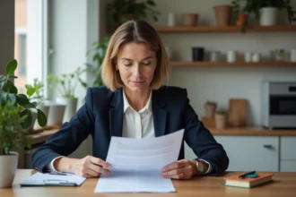 Femme en blazer examine documents de location dans un appartement