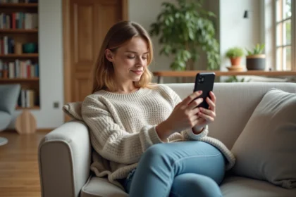 Jeune femme utilisant son smartphone pour un tour virtuel dans son salon