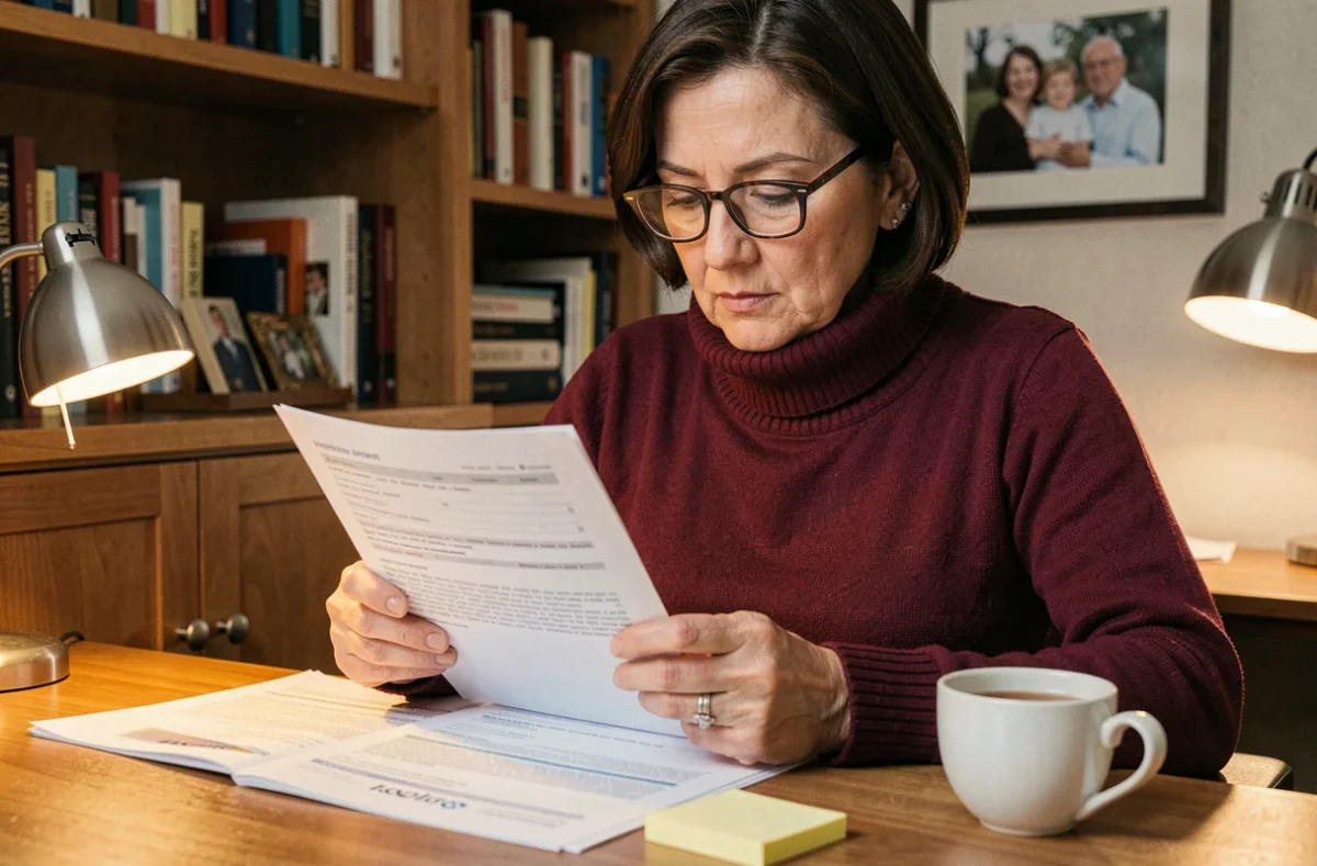 Femme propriétaire senior analysant les clauses de son contrat d'assurance habitation à domicile