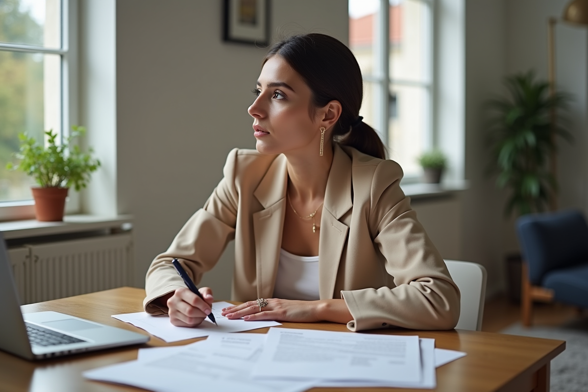Jeune femme signant des documents chez elle à Paris