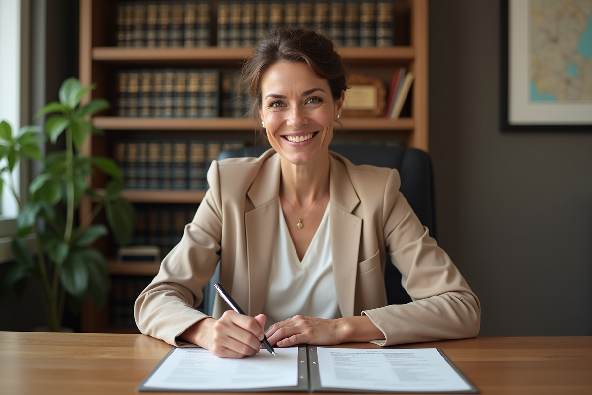 Femme en costume signant des documents dans un bureau professionnel