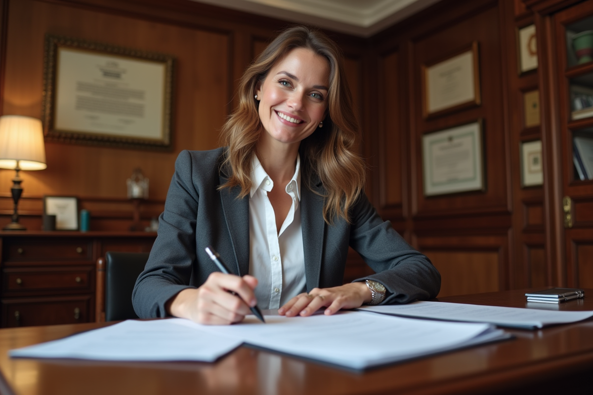 Femme française signe des formulaires fiscaux dans un bureau élégant
