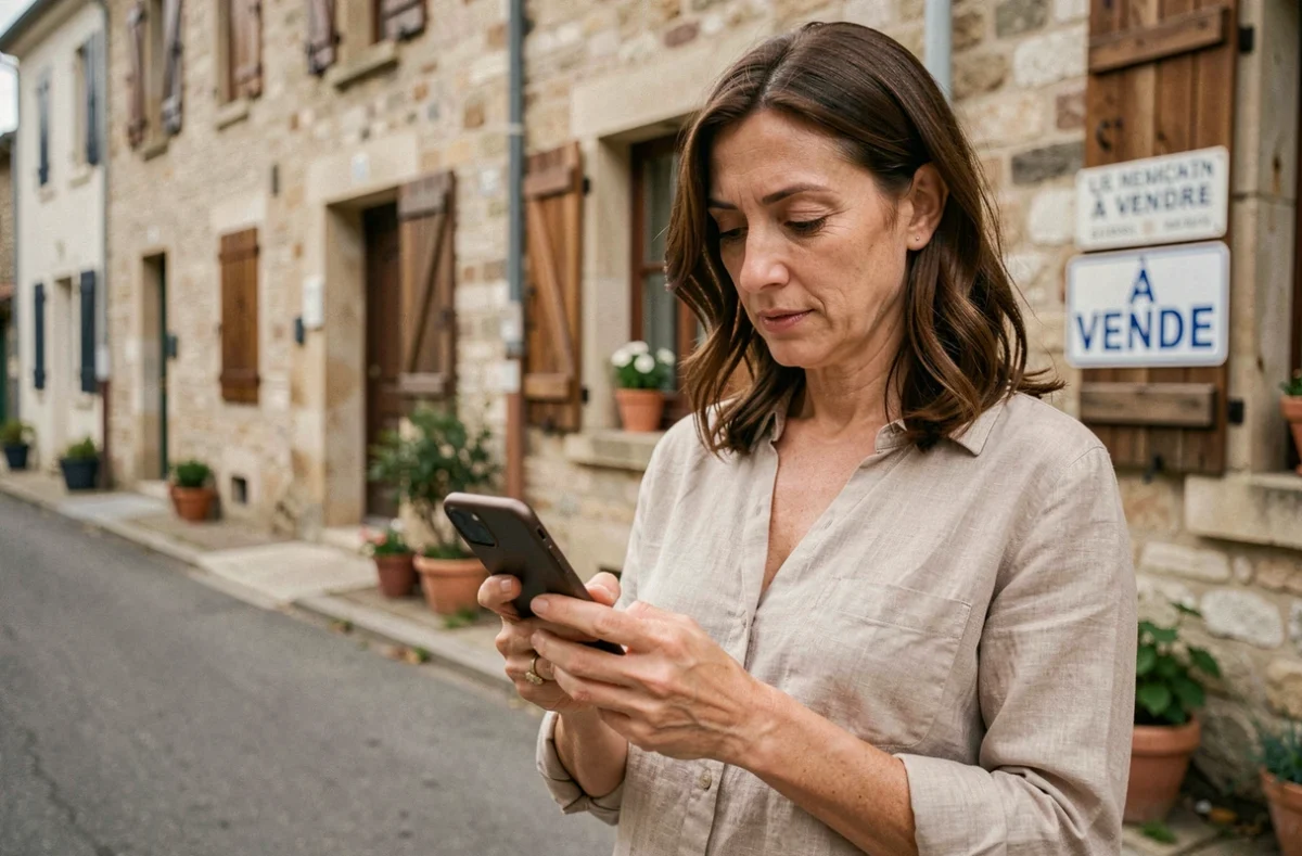 Femme consultant l'application Patrim'info sur smartphone dans une rue résidentielle française avec des maisons à vendre en arrière-plan