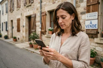 Femme consultant l'application Patrim'info sur smartphone dans une rue résidentielle française avec des maisons à vendre en arrière-plan
