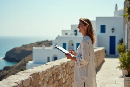 Femme souriante en robe en lin regardant la mer et maisons marocaines