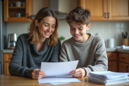 Femme et adolescent discutant de papiers dans la cuisine