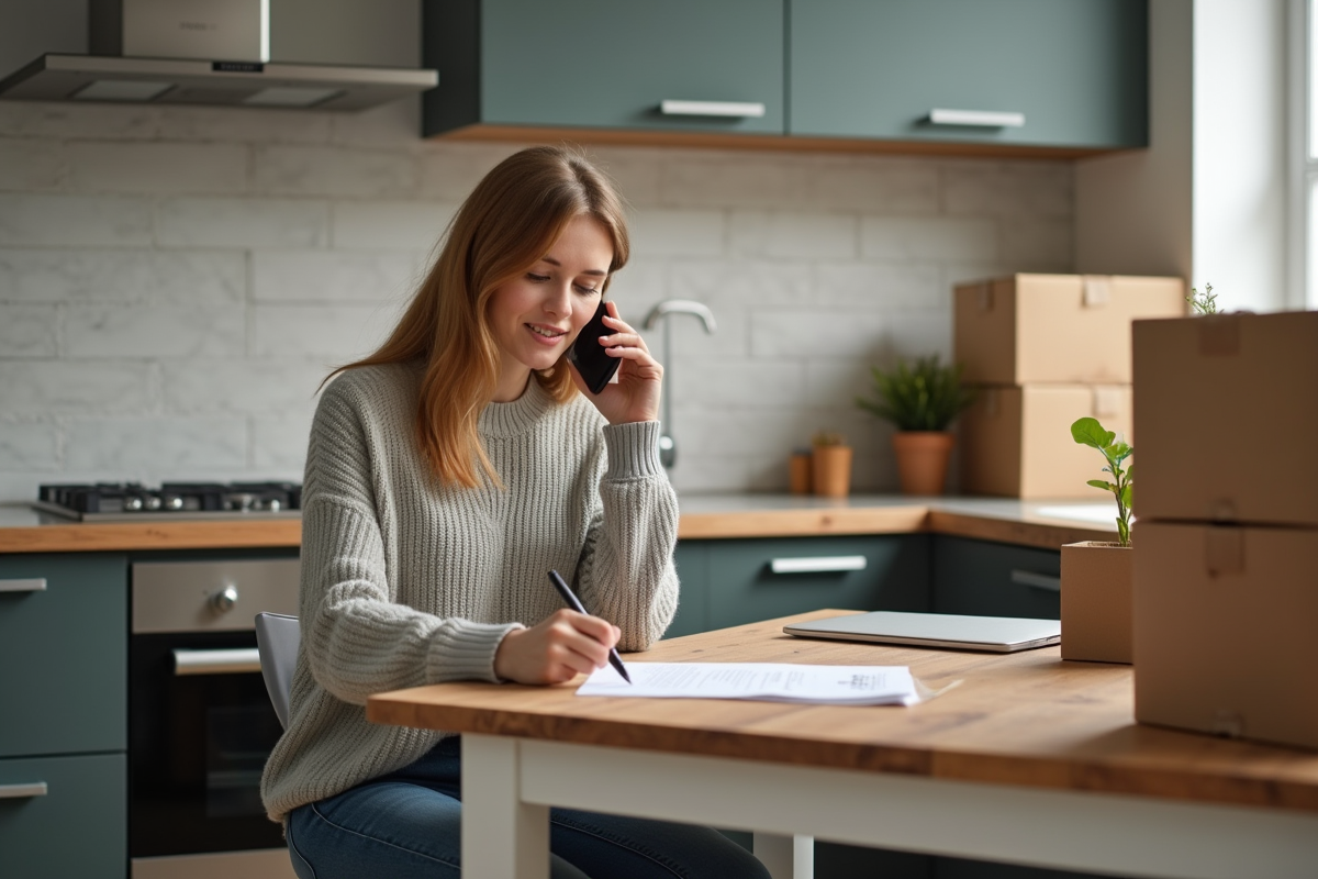 Jeune femme au téléphone et papier dans la cuisine
