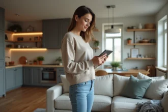 Femme vérifiant une checklist sur une tablette dans un salon moderne