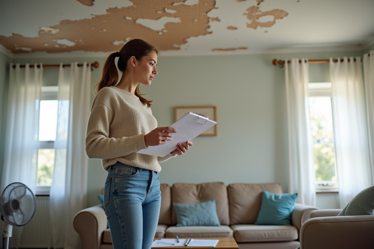 Femme contrôlant un plafond endommagé dans le salon