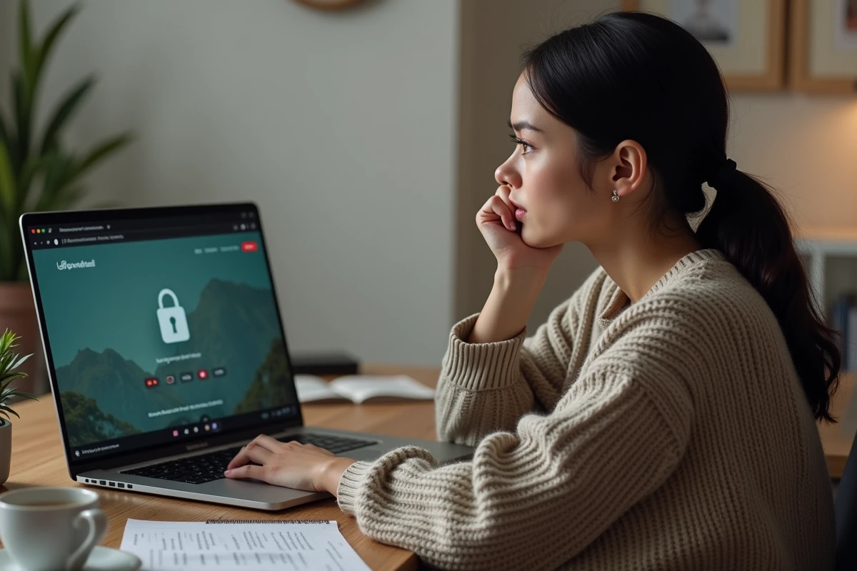 Femme devant un ordinateur portable vérifiant la légalité d'un site de streaming, symbolisant les questions de sécurité autour de Bim vup