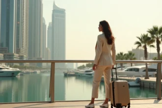 Femme voyageuse avec valise observant le quartier de Dubai Marina depuis une passerelle piétonne avant de choisir son logement