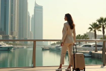 Femme voyageuse avec valise observant le quartier de Dubai Marina depuis une passerelle piétonne avant de choisir son logement