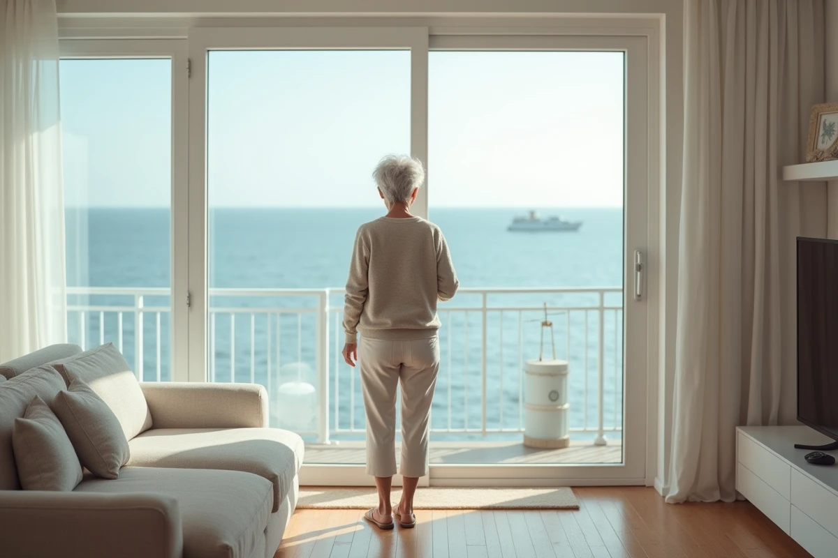 Femme âgée regardant la mer depuis la fenêtre