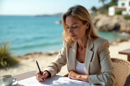Femme consultant des documents financiers pour l'achat d'un terrain en bord de mer
