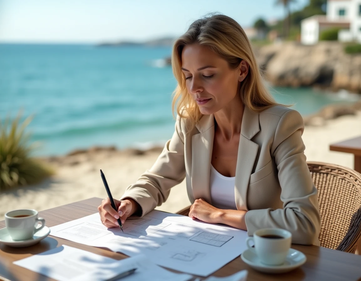 Femme consultant des documents financiers pour l'achat d'un terrain en bord de mer