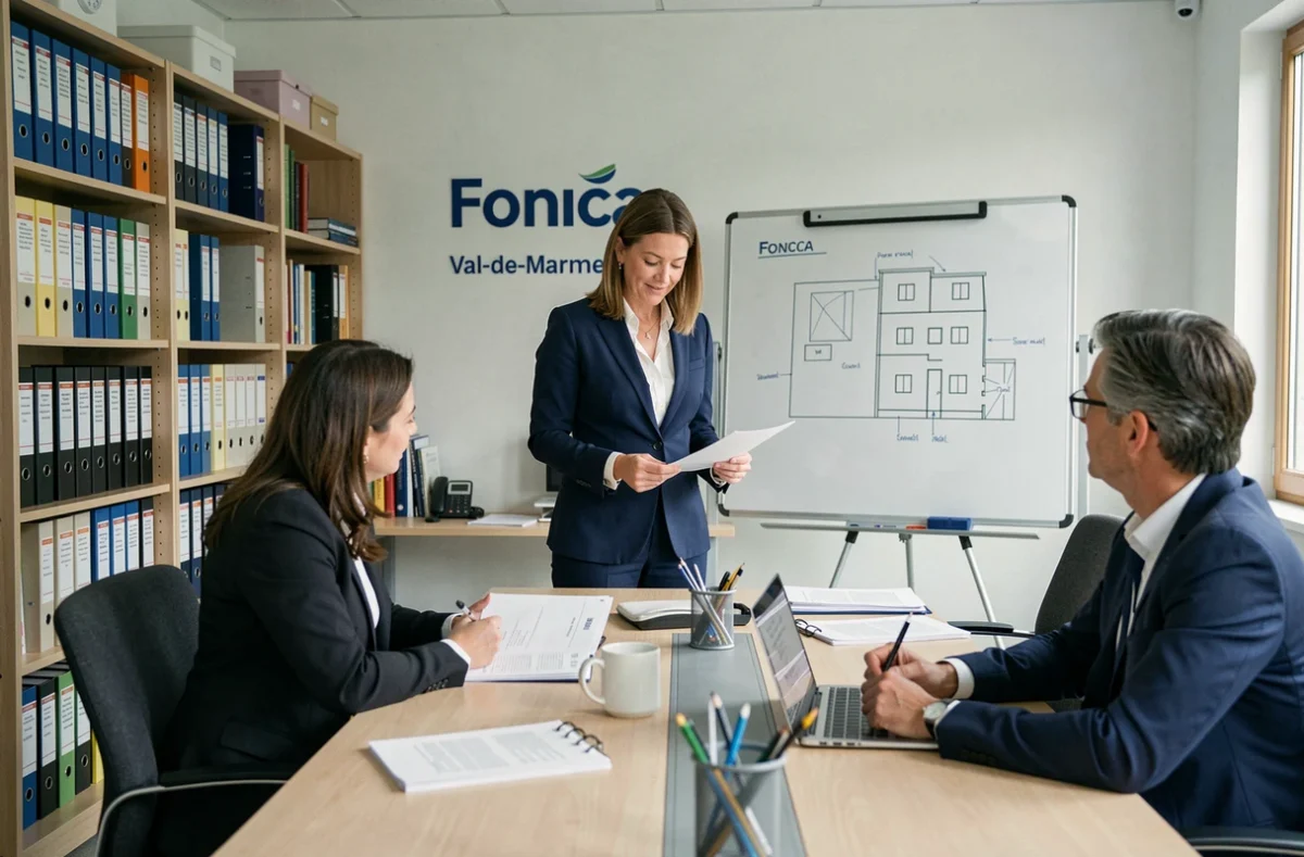 Gestionnaire Foncia en réunion avec des copropriétaires dans un bureau de gestion immobilière du Val-de-Marne