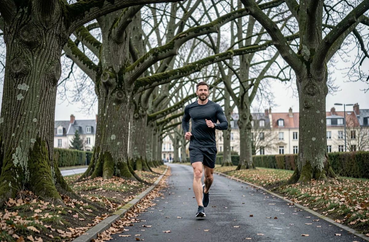 Homme faisant du jogging à la lisière de la forêt de Saint-Germain-en-Laye entre nature et zone résidentielle