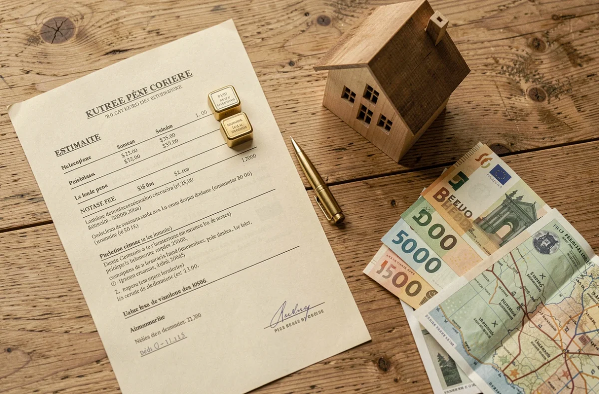 Vue de dessus des frais de notaire pour terrain à construire avec documents officiels et billets en euros