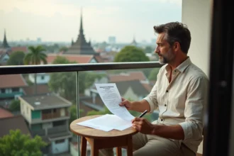 Expatrié français vérifiant un contrat de location d'appartement en Thaïlande sur un balcon avec vue sur Bangkok