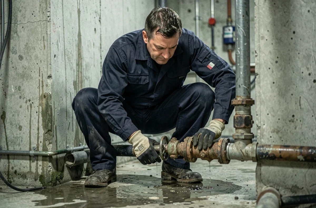 Plombier inspectant une fuite d'eau sur une canalisation en parties communes d'un immeuble résidentiel