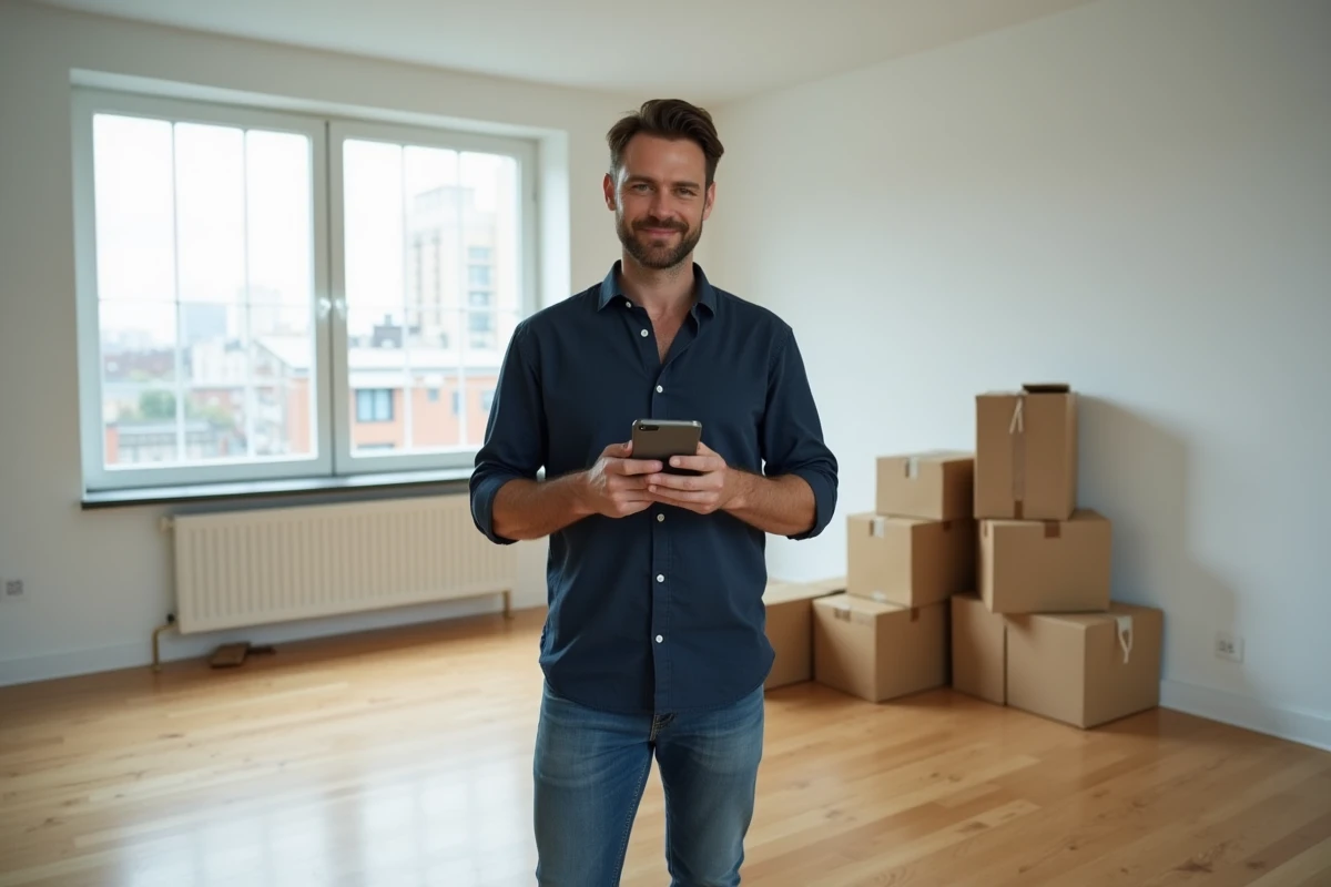 Homme gérant son contrat EDF sur smartphone dans un appartement vide après un déménagement post-divorce