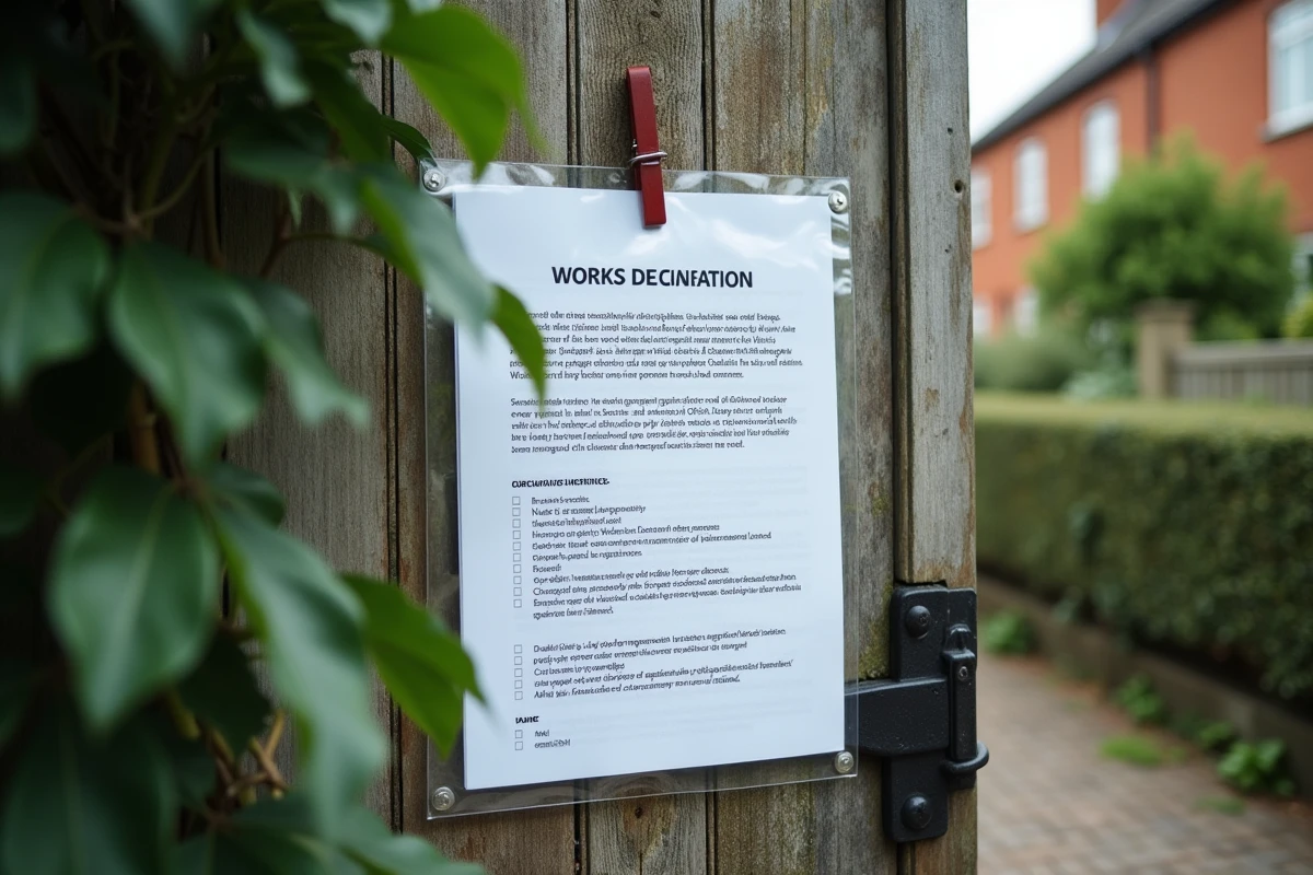 Gros plan sur un panneau de déclaration de travaux affiché sur un portail résidentiel