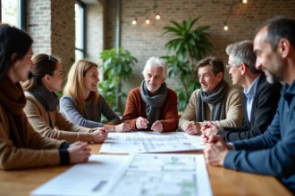 Groupe de personnes discutant autour de plans d'ecohabitat