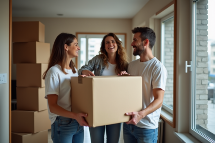 Trois adultes rient en levant des cartons dans un appartement moderne