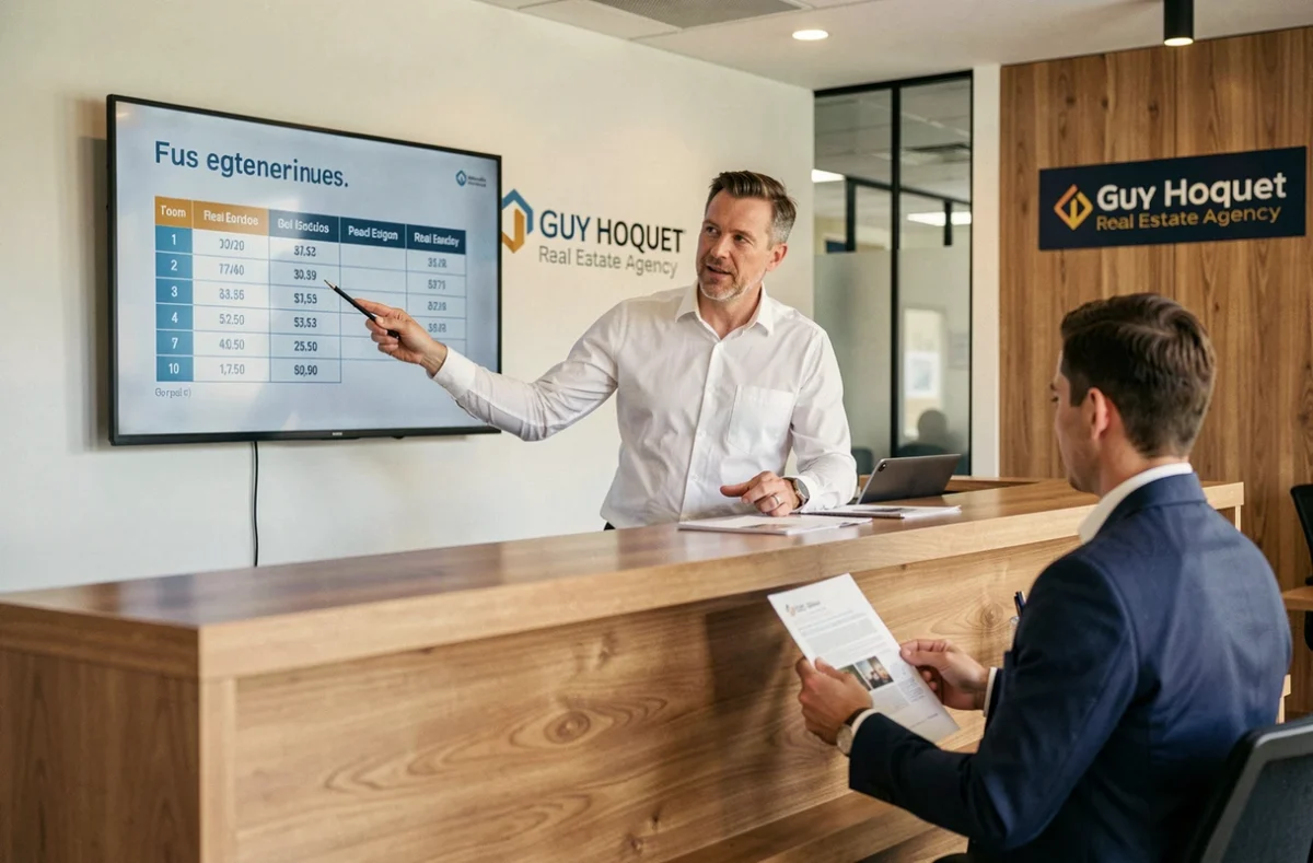 Agent Guy Hoquet présentant un tableau de tarifs transparent à un client dans une agence immobilière moderne du Val-de-Marne