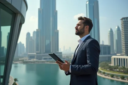 Homme d'affaires regardant la skyline d'Almas Tower