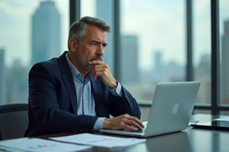 Homme d affaires concentré devant un ordinateur en bureau moderne