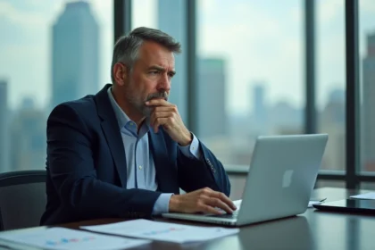 Homme d affaires concentré devant un ordinateur en bureau moderne