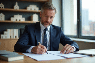 Homme d'affaires en costume bleu dans un bureau moderne