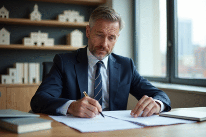 Homme d'affaires en costume bleu dans un bureau moderne