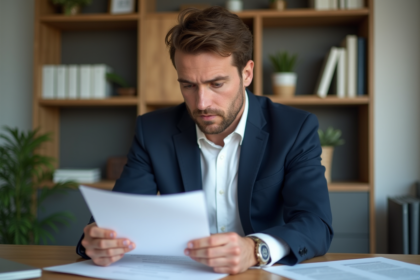 Homme d'affaires en costume lisant des papiers dans un bureau moderne