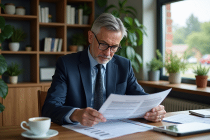 Homme d'affaires en costume bleu examine des documents fiscaux