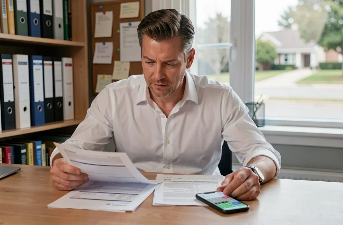 Homme analysant des documents d'assurance habitation sans franchise dans son bureau à domicile