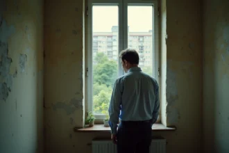 Homme d'âge moyen regardant les murs abîmés d'un appartement